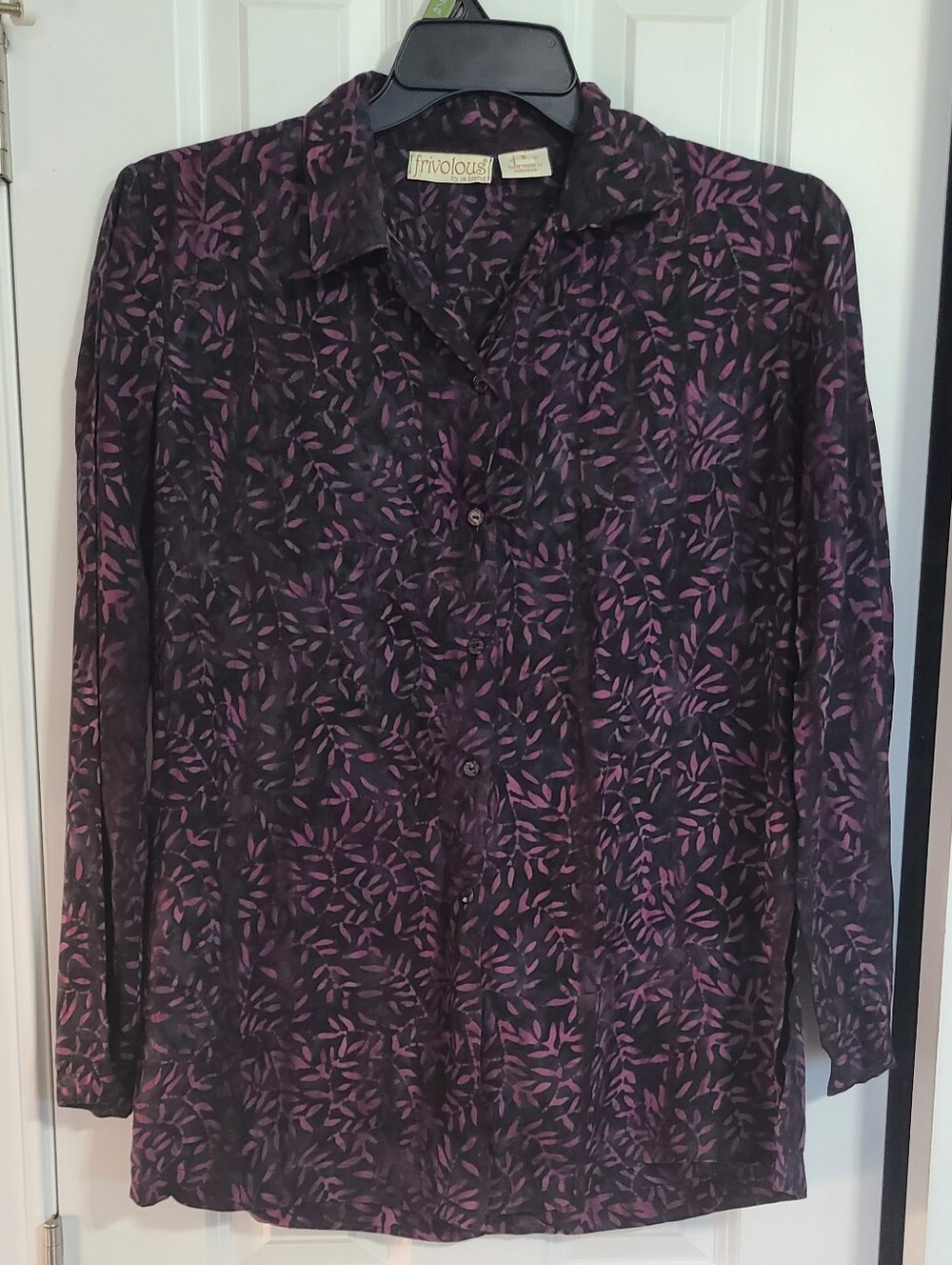 Black Button-Down Shirt with Purple Leaf Pattern